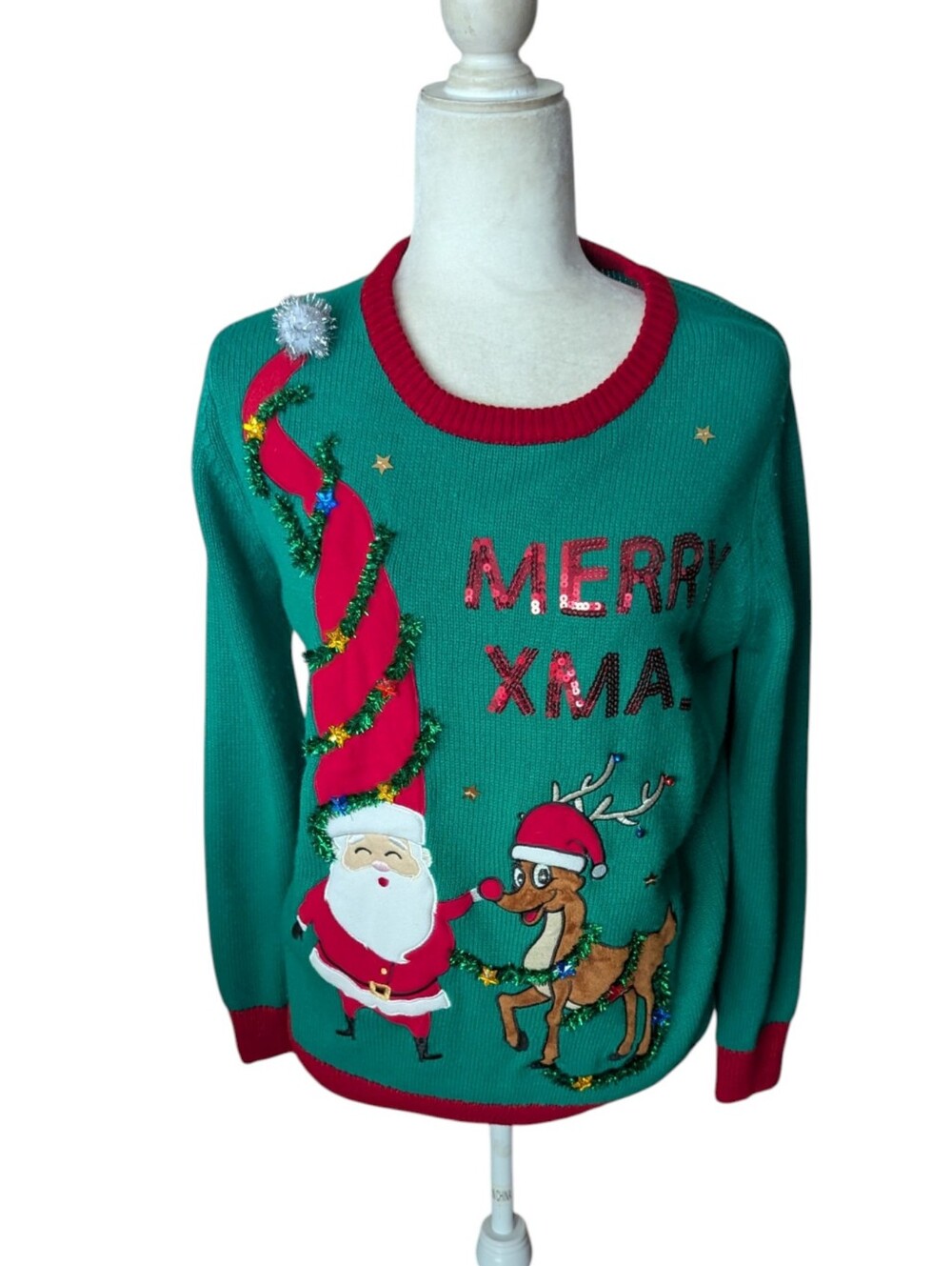 Vtg Red/ Green Knit Sweater Ugly Christmas Santa Reindeer 3d Sequins/ Garland S